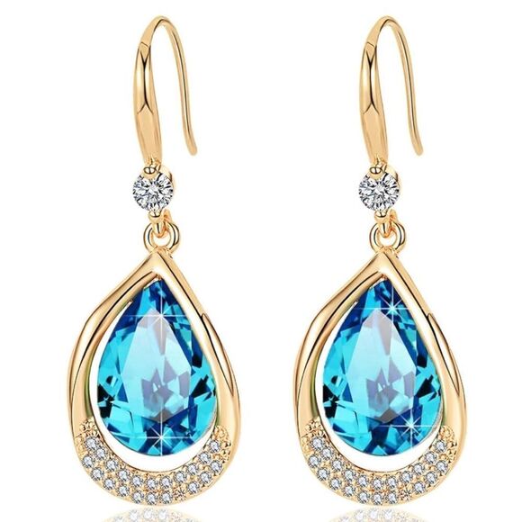 14K Yellow Gold and Bermuda Blue Austrian Crystal Teardrop Halo Hook Earrings